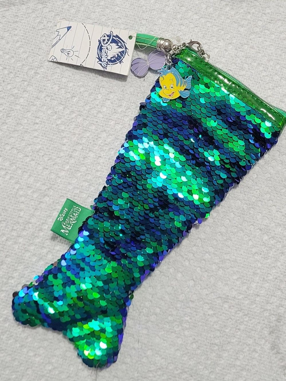 Disney Sequin Mermaid Tail Pencil Case with Flounder Charm - Green/Blue